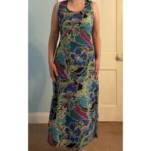 Vintage 90s Tropical Floral Midi Dress Size Large Sleeveless Resort Vacation